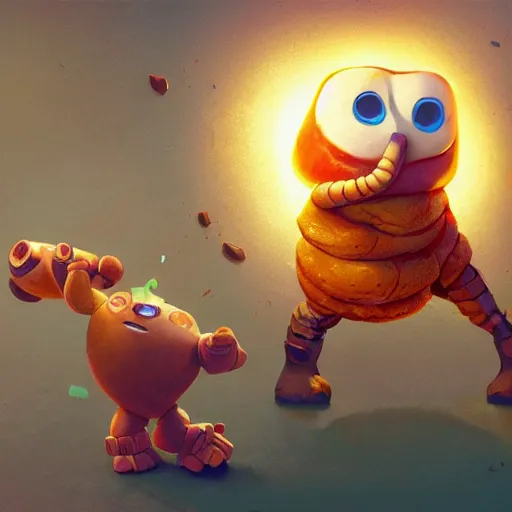 Image similar to a large slice of toasted bread with a face, arms and legs, holding a sword, cute pixar character, volumetric lighting, dynamic composition, fantasy, hyper detailed, ultra realistic, sharp focus, octane render, concept art by sachin teng and sergey kolesov and ruan jia and heng z