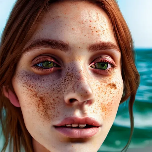 Image similar to portrait of a cute thin young woman, bronze brown hair, eye color is emerald green, red blush, a few freckles, smug smile, modern clothes, relaxing on the beach, golden hour, close up shot, 8 k, art by irakli nadar, hyperrealism, hyperdetailed, ultra realistic