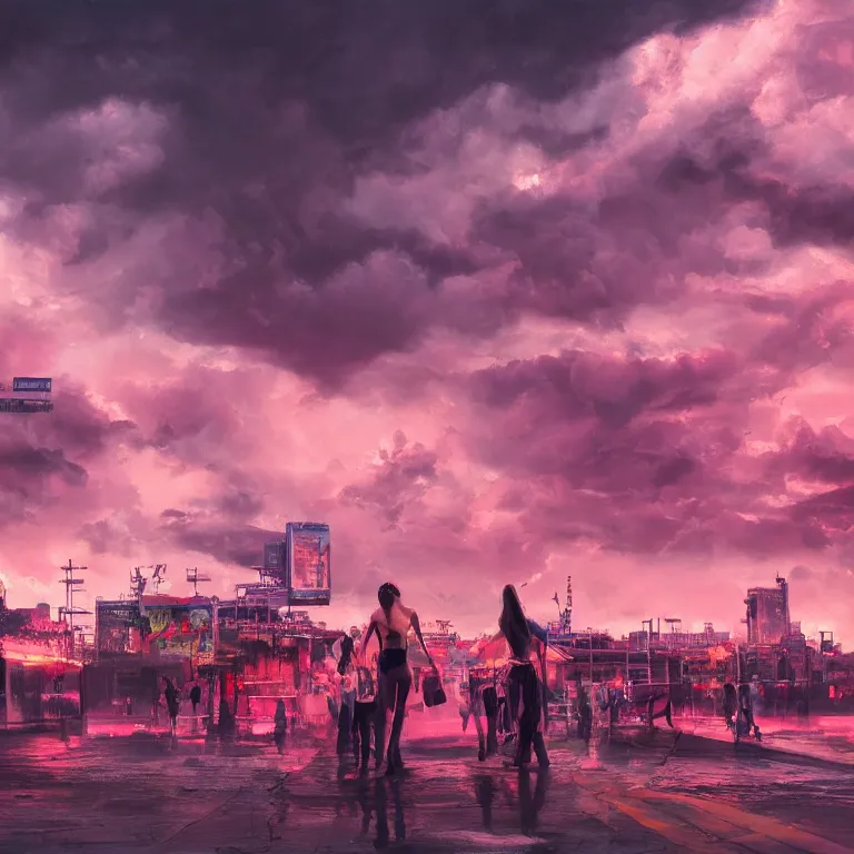 Prompt: oil painting, rich deep colors masterpiece, pink, people with mohawks, punk, neon, ultra detailed, contrast, heaven pink, arches, clouds, sky, volumetric light, atmospheric lighting, dramatic, cinematic, steampunk, moody, octane render 4 k, 8 k