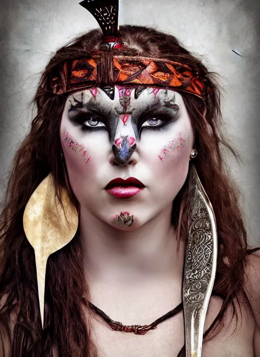 Image similar to hyper realistic photography portrait of pagan medieval tribal festival warrior curvy partygirl face cinematic, julie bell,