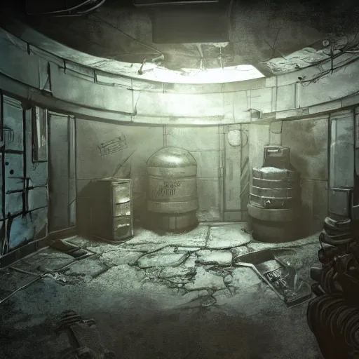 Prompt: fallout concept art vault - tec underground vault metal walls interior render grim realistic lighting unreal engine 5