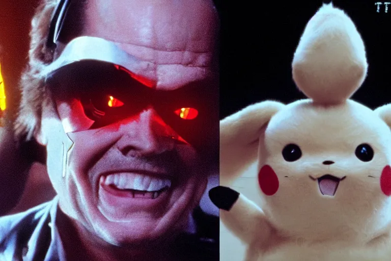 Image similar to Jack Nicholson in costume of Pikachu Terminator scene where his endoskeleton gets exposed and his eye glow red still from the film