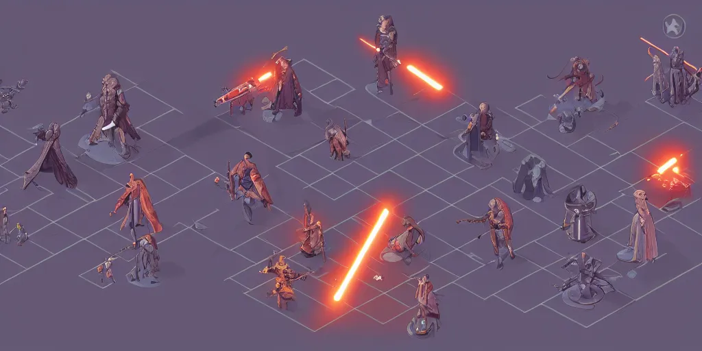 Image similar to isometric star wars character design, idle, rpg, fire emblem, colored, sprite, pc game, sideview, art by moebius and greg rutkowski.