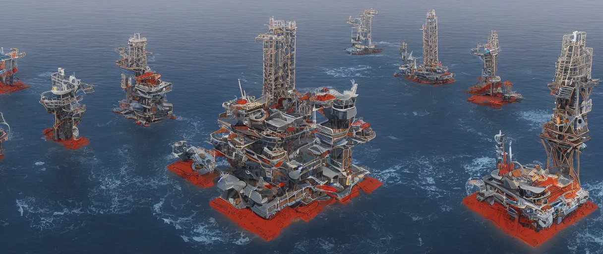 Image similar to futuristic oil rigs on the ocean, sci fi, artstation, detailed render, high quality, 8k