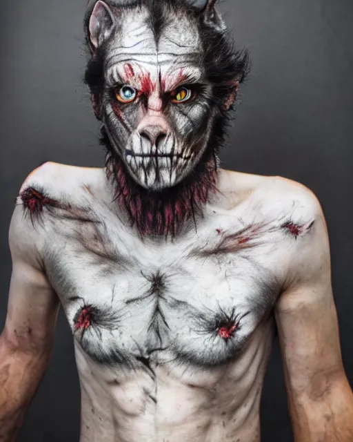 Image similar to David Kessler transforming into a wolf+An American werewolf in London+Photorealistic+Rick Baker style Makeup and Prosthetics+Studio Lighting+Hyperreal