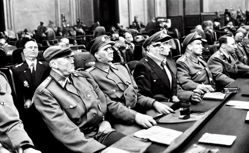 Image similar to 50s movie still of very diverse soviet generals head with very detailed faces in a stalinist parlement, by Alexei Guerman, Cinestill 800t 35mm black and white, heavy grainy picture, very detailed, high quality, 4k, HD criterion, precise texture, high quality diversity of faces