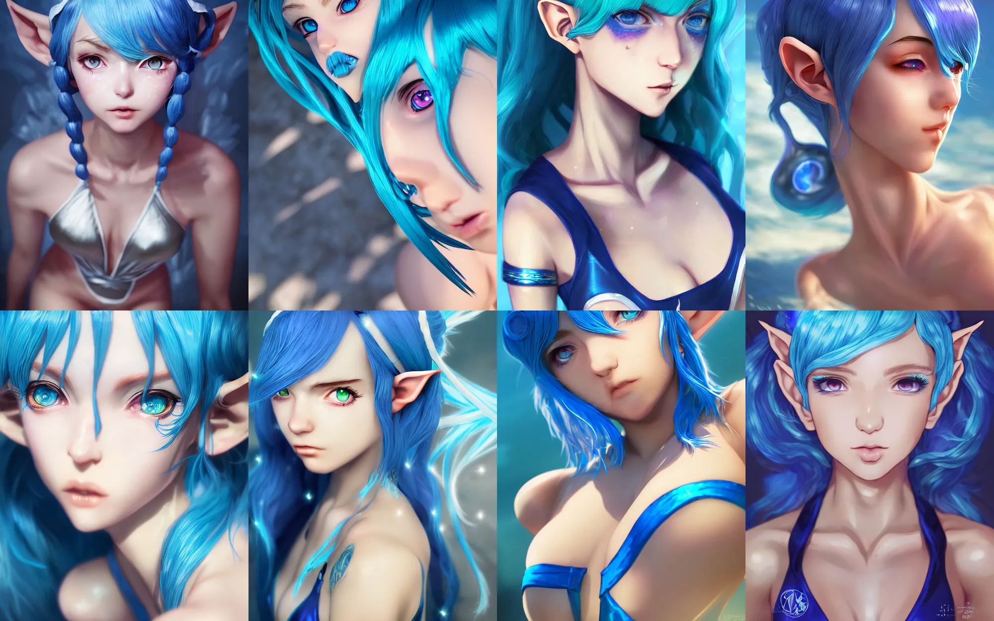 Prompt: league of legends portrait of a blue haired elf girl with twin tails with white freckles wearing a metallic one - piece swimsuit by wlop and kuvshinov, digital art, cinematic lighting, symmetric, light rays