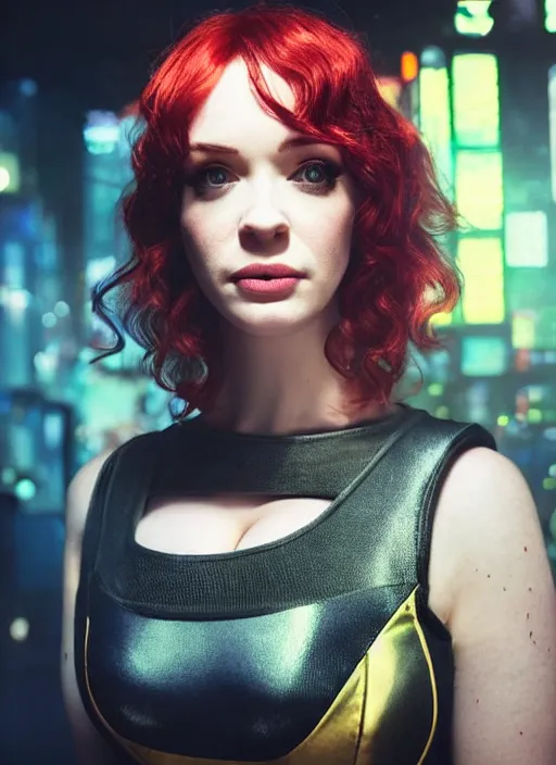 Image similar to upper body photograph portrait of a very pretty!!! christina hendricks in cyberpunk 2 0 7 7, symmetric face, petzval lens, sharp focus, smooth, space station. by alesio albi and george lucas and stanley kubrick