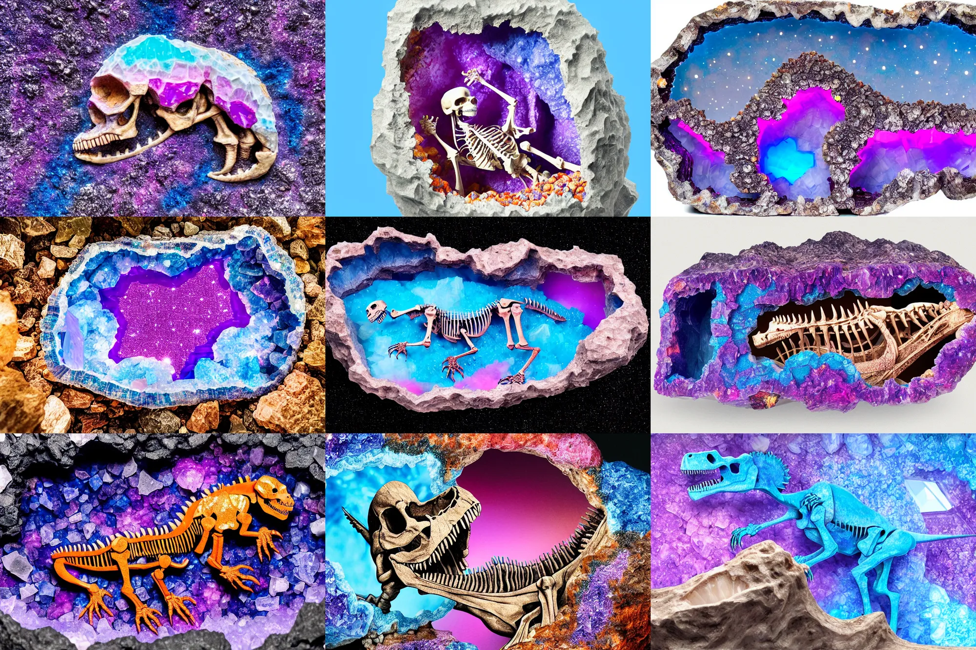 Prompt: dinosaur skeleton inlaid in a crystal geode ((inlaid in a crystal geode))(((in a crystal geode))), ((blue, cyan, pink, purple, orange)), matte-painting