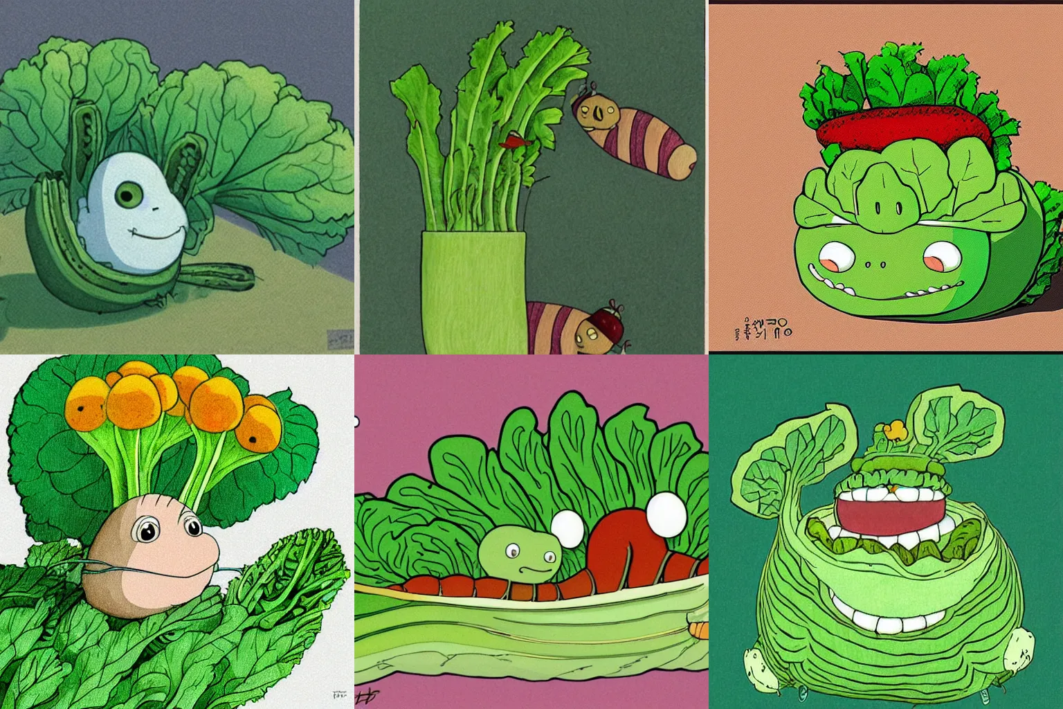 Prompt: a smiling caterpillar eating lettuce, art by Hayao Miyazaki