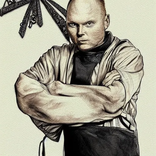 Image similar to an insanely detailed painting of bill burr wearing a chef costume waiting on tables, in the style of peter mohrbacher, dramatic lighting and composition, trending on artstation, concept art, comic book