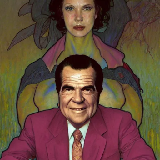 Prompt: Richard Nixon with pink pixie haircut drawn by Donato Giancola and Jon Foster, frank frazetta, alphonse mucha, background by James Jean and gustav klimt, 4k, volumetric lighting, trending on artstation, hyperrealistic