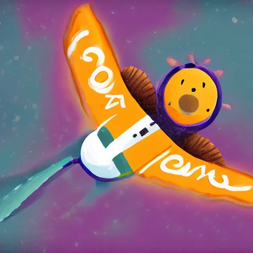 Image similar to digital painting depicting a flying cute planedog