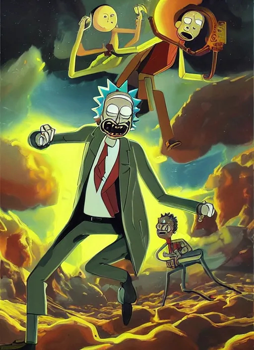 Prompt: rick and morty painting by phil hale, francisco goya,'action lines '!!!, graphic style, visible brushstrokes, motion blur, blurry, hd image
