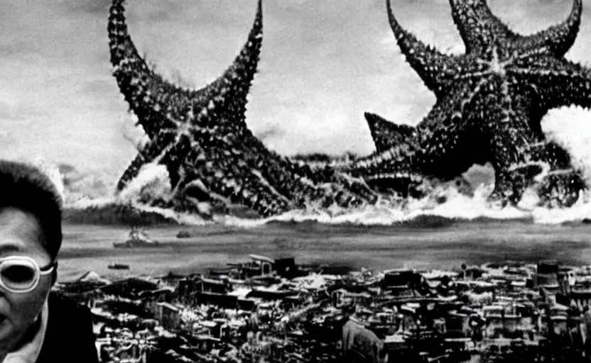 Prompt: a filmstill of Kim Jong-il and a giant starfish monster destroying Pyongyang, in Godzilla (1954) by Ishirō Honda, epic ultrawide shot, cinémascope