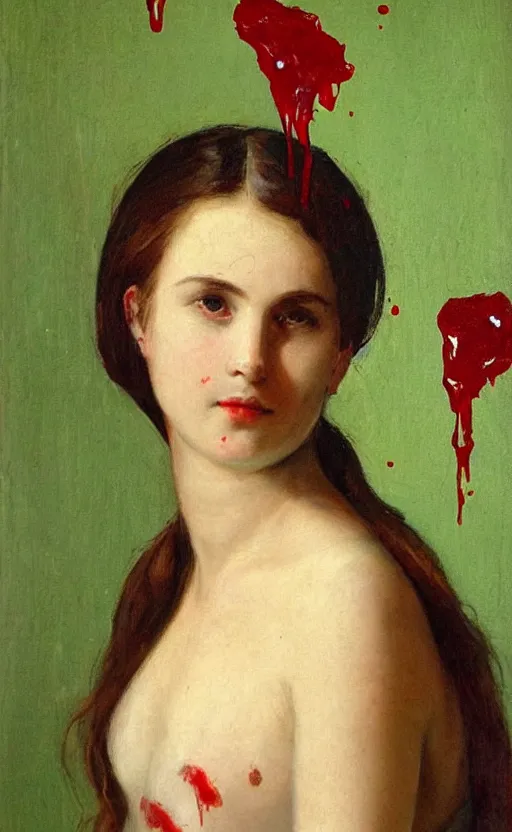 Image similar to by 1 9 th century famous painter, portrait, young woman, blood smear, blood dripping, knife, realism, realistic, oil painting, green wallpaper background