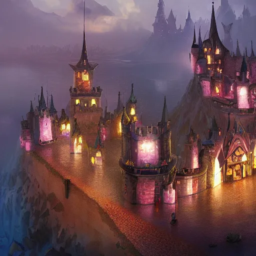 Image similar to A magical fantasy royal castle town that sits on a magnificent floating island; night scenery, trending on artstation, award winning digital art