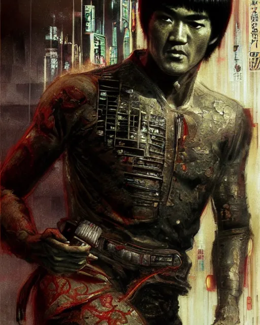 Image similar to bruce lee as a cyberpunk samurai, retrofuturism sci - fi old movie, highly detailed, photorealistic, 8 k, by beksinski and stalenhag