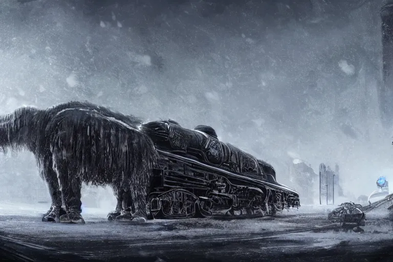 Image similar to a grand intricate futuristic black steam train next to a giant mammoth, post - apocalyptic ice landscape in snowstorm, concept art, artstation, highly detailed, digital art