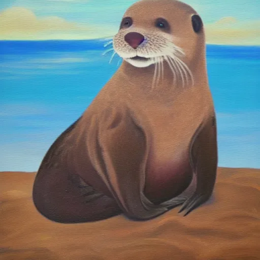Prompt: An otter dressed as a pirate sitting on the beach, oil on canvas painting