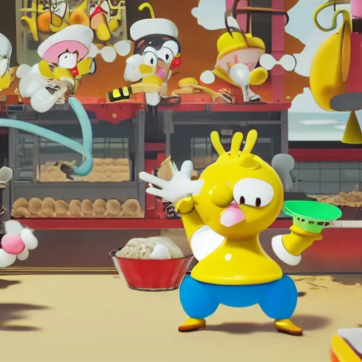 Image similar to Sebee working in chicken nugget factory with Cuphead , 4k