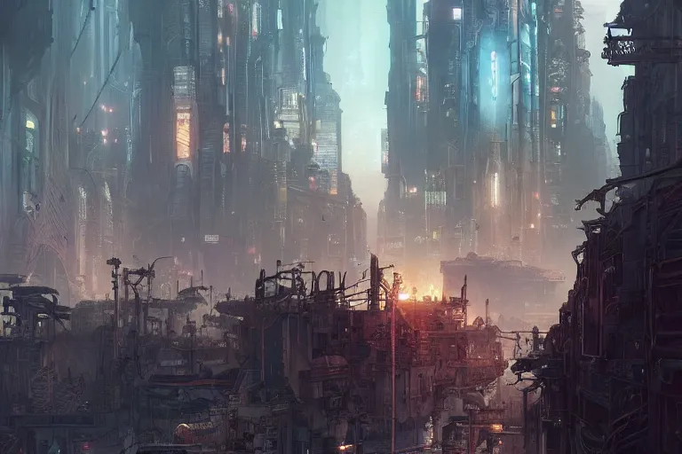 Image similar to cyberpunk post-apocalyptic city landscape,western, D&D, fantasy, intricate, elegant, highly detailed, digital painting, artstation, concept art, matte, sharp focus, illustration, art by Artgerm and Greg Rutkowski and Alphonse Mucha