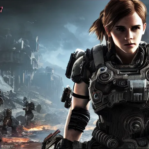 Prompt: emma watson in gears of war destiny 2 overwatch witcher 3 god of war tomb raider cyberpunk 2 0 7 7 doom, highly detailed, extremely high quality, hd, 4 k, professional photographer, 4 0 mp, lifelike, top - rated, award winning, realistic, detailed lighting, detailed shadows, sharp, edited, corrected, trending