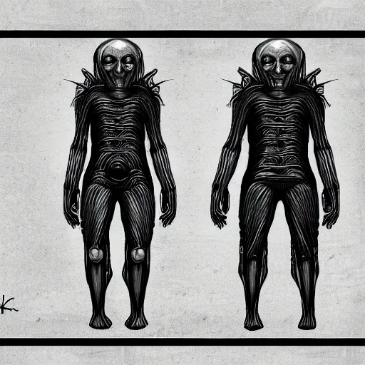 Prompt: human inspired by HR Giger, Character Sheet