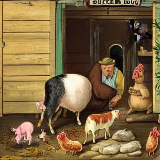 Prompt: butcher giving food to a dog, while being watched by a pig, a sheep, a chicken and a cow