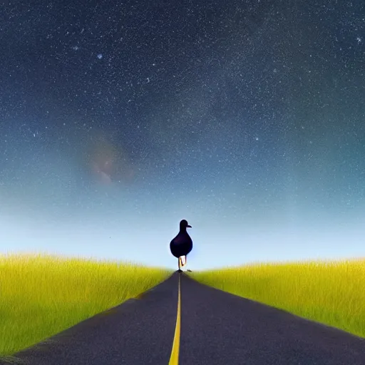 Image similar to a lonely duck walking on the road and looking up at the sky, milky way, starry sky, art station trend