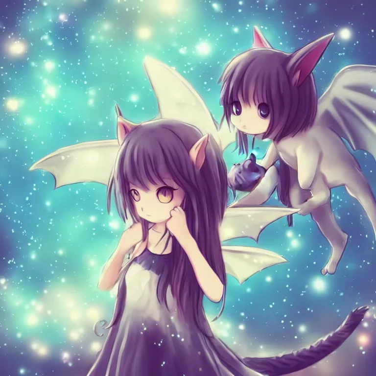 Image similar to cute, full body, female, anime style, a cat girl with fairy wings patting a small dragon, large eyes, beautiful lighting, sharp focus, simple background, creative, heart effects, filters applied, illustration