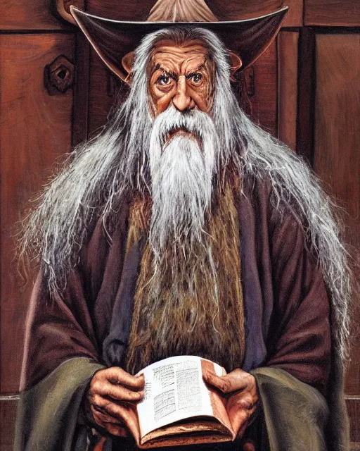 Image similar to Clyde Caldwell portrait painting of a old rugged actor wizard wearing a wizard hat and robe from the hobbit holding a book and standing in front of an ancient wooden door