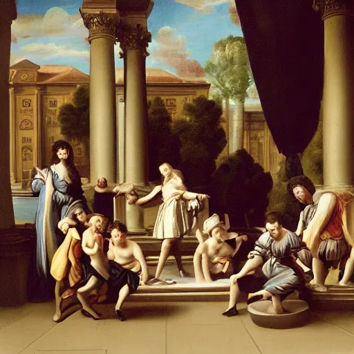 Prompt: facility portrait, all subjects posing around a fountain baroque style 1 6 5 6 inspired by diego velasquez 2 2 ft distance