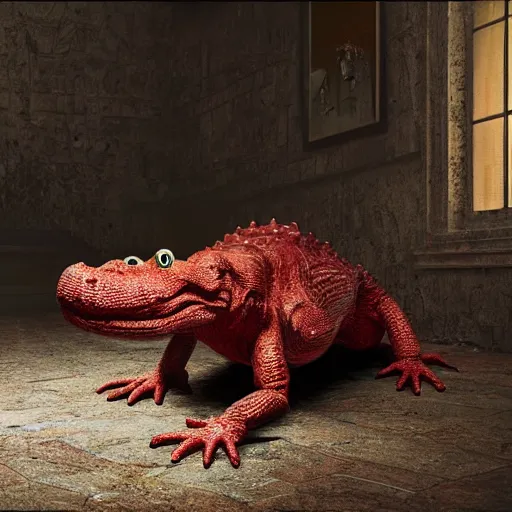 Image similar to hyperrealistic dslr film still of alligator eating elmo, stunning 8 k octane comprehensive 3 d render, inspired by istvan sandorfi & greg rutkowski & unreal engine, perfect symmetry, dim volumetric cinematic lighting, extremely hyper - detailed, extremely lifelike attributes & lifelike texture, intricate, masterpiece, artstation, stunning