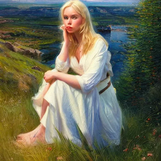 Image similar to blonde female jedi knight watching over the swedish countryside, archipelago, masterpiece, highly detailed, beautiful, atmospheric, impressionism, painting by Vladimir Volegov