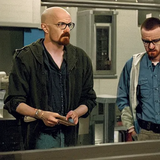 Image similar to walter white and jessie pinkman in gus frings underground laboratory on top of howard hamlin and lalo salamunca