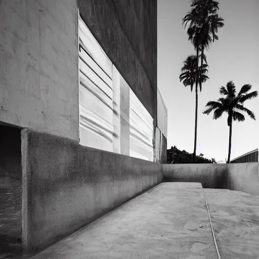 Image similar to noisy color photograph of a concrete underground retrofuturist liminal space, staggered terraces, palm tree growing out of concrete, deformations, minimalist, cinematic, soft vintage glow