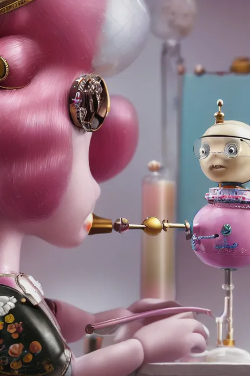 Prompt: highly detailed closeup, face profile portrait of a tin toy princess bubblegum experimenting in a lab, depth of field, nicoletta ceccoli, mark ryden, lostfish, detailed and intricate environment, 8 k resolution, hyperrealistic, octane render
