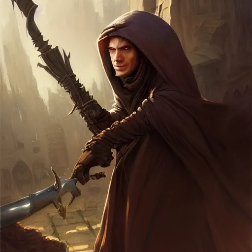 Prompt: mysterious male rogue wearing a cloak, covered face, holding a dagger. rpg game, stern expression, main character, detailed, digital painting, artstation, sharp focus, illustration, artgerm, tomasz alen kopera, peter mohrbacher, donato giancola, joseph christian leyendecker, wlop, frank frazetta