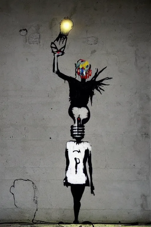 Prompt: a woman inside of an empty light bulb. the woman has wings. by banksy and basquiat