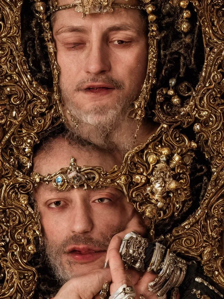 Prompt: a high-resolution color-chrome extreme closeup portrait photo of a medieval priest, kissing a incredible elegant pale renaissance rococo Queen, with ornate jewelled, rococo Queen, sci-fi, high-tech, beautiful low light, style Steve McCurry Octane render 8k