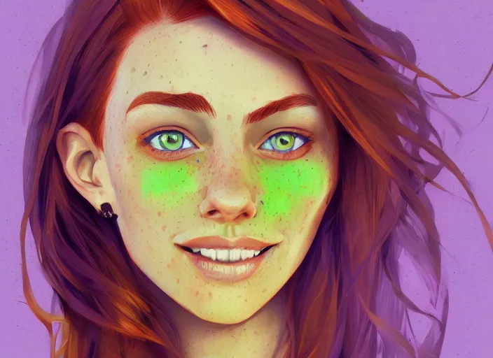 Image similar to portrait of a beautiful smiling girl with orange hair and freckles, green eyes, highly detailed, digital painting, style by Lera Kiryakova artstation, concept art, smooth, sharp, focus, illustration. background is purple