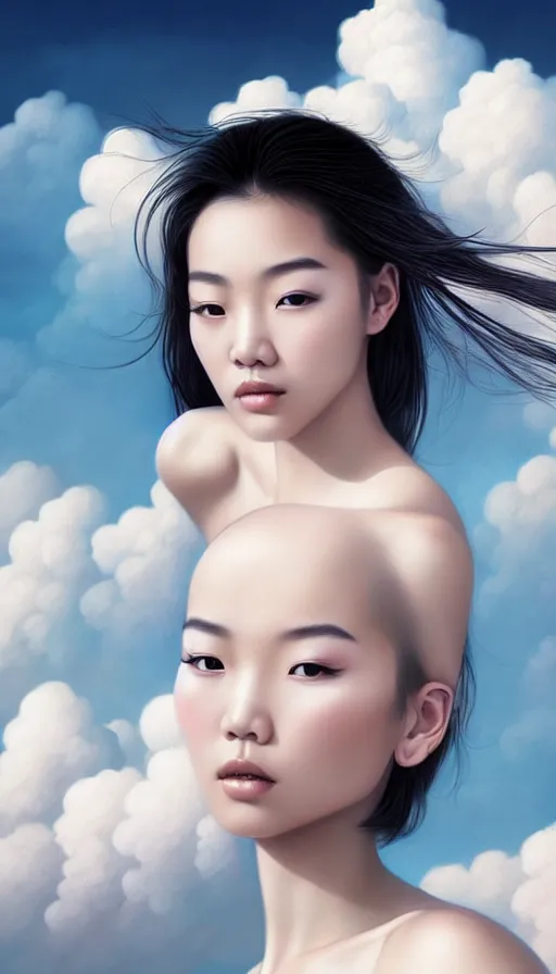 Prompt: photo of a gorgeous young asian girl , searching for eternity, head in the clouds in the style of stefan kostic, realistic, sharp focus, 8k high definition, high fashion, vogue, insanely detailed, intricate, elegant, art by stanley lau and artgerm, sigma 85mm art