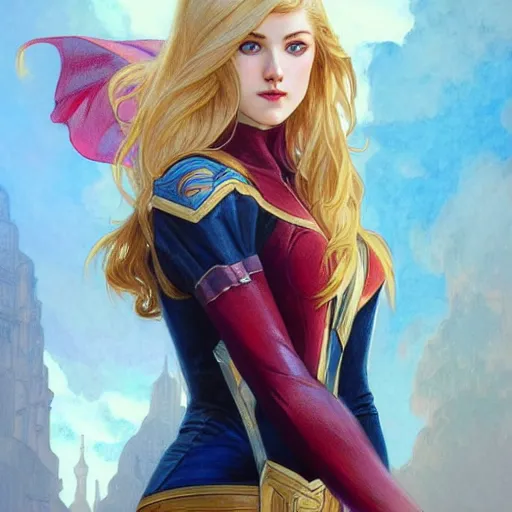 Image similar to Katherine McNamara with blonde hair as Super Girl, western, D&D, fantasy, intricate, elegant, highly detailed, digital painting, artstation, concept art, matte, sharp focus, illustration, art by Artgerm and Greg Rutkowski and Alphonse Mucha