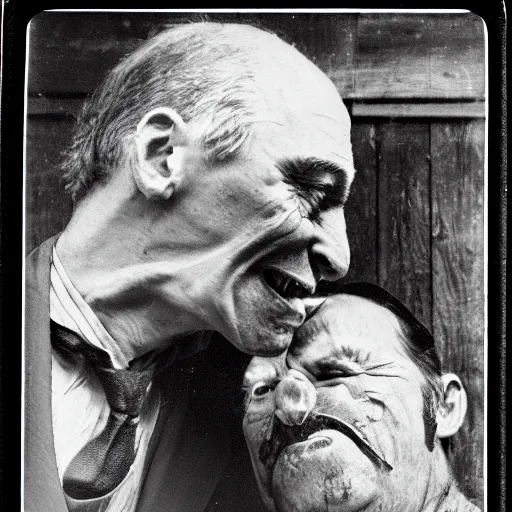 Image similar to hyper realistic vintage photograph of a vampire biting an old mans neck outside of a bar at night detailed faces, grain, old, monochrome, wide angle