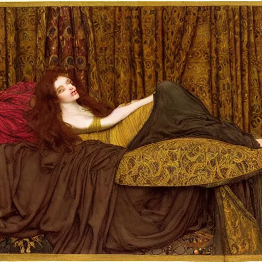 Image similar to preraphaelite photography reclining on bed, a hybrid of judy garland and eleanor of aquitaine, aged 2 5, big brown fringe, yellow ochre ornate medieval dress, john william waterhouse, kilian eng, rosetti, john everett millais, william holman hunt, william morris, 4 k