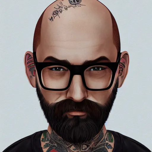 Prompt: portrait of a young, bald, bearded and tattooed man, wearing glasses, drinking a glass of whiskey, digital painting, highly detailed, hd, 4k, trending on artstation