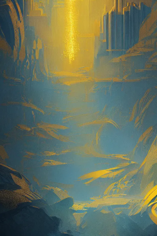 Image similar to art deco patterns, blue and gold, 8 k, powerfull, intricate, elegant, volumetric lighting, scenery, digital painting, highly detailed, artstation, sharp focus, illustration, concept art, ruan jia, steve mccurry, beksinski