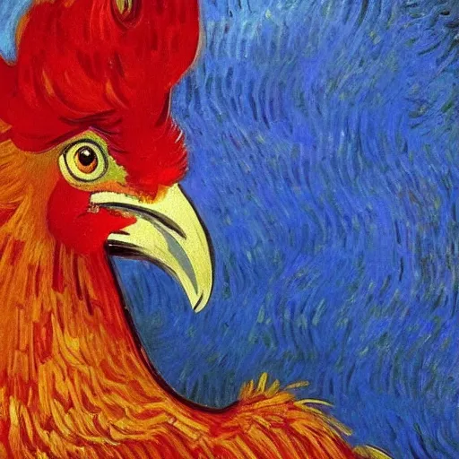 Image similar to bright red oil painting of a rooster, Vincent van Gogh