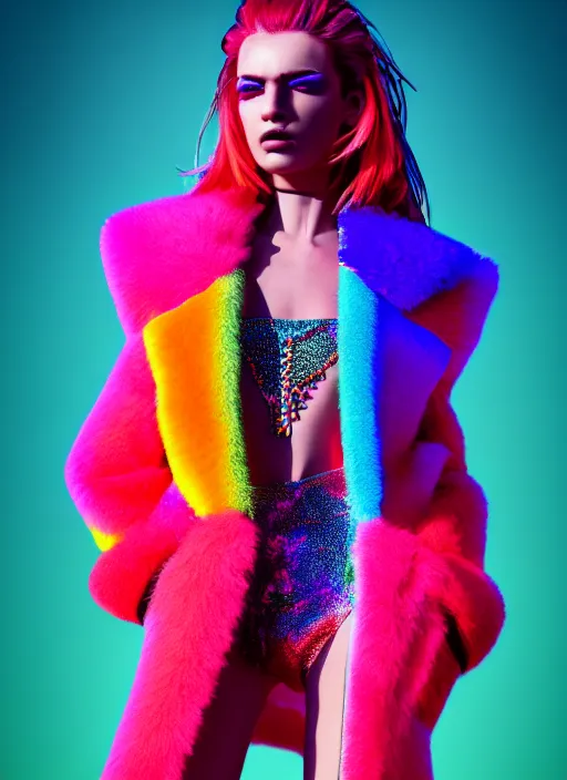 Image similar to stylish coat for a rave, bright colors, many details, prints, photo for a magazine, photo for a store, fashion photography, Vogue, 135 mm, cinematic, hyper realism, high detail, octane render, 8k, chrome accents, very coherent symmetrical artwork, perfect face model, full length photo, Upper and lower body, even skin tone